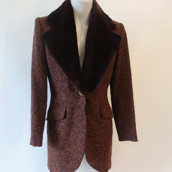 Yves Saint Laurent Black Brown Tweed Boucle Wool Blend Faux Fur Jacket Coat 6 - Picture 3 of 16
